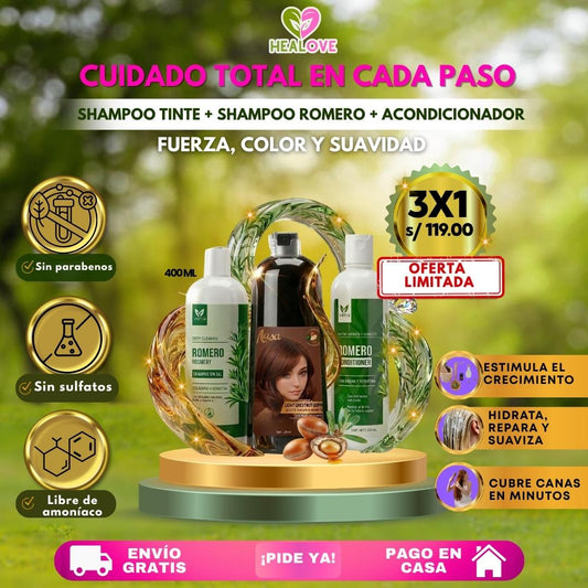 TRÍO CAPILAR COMPLETO (SHAMPOO TINTE + SHAMPOO ROMERO + ACONDICIONADOR DE ROMERO)